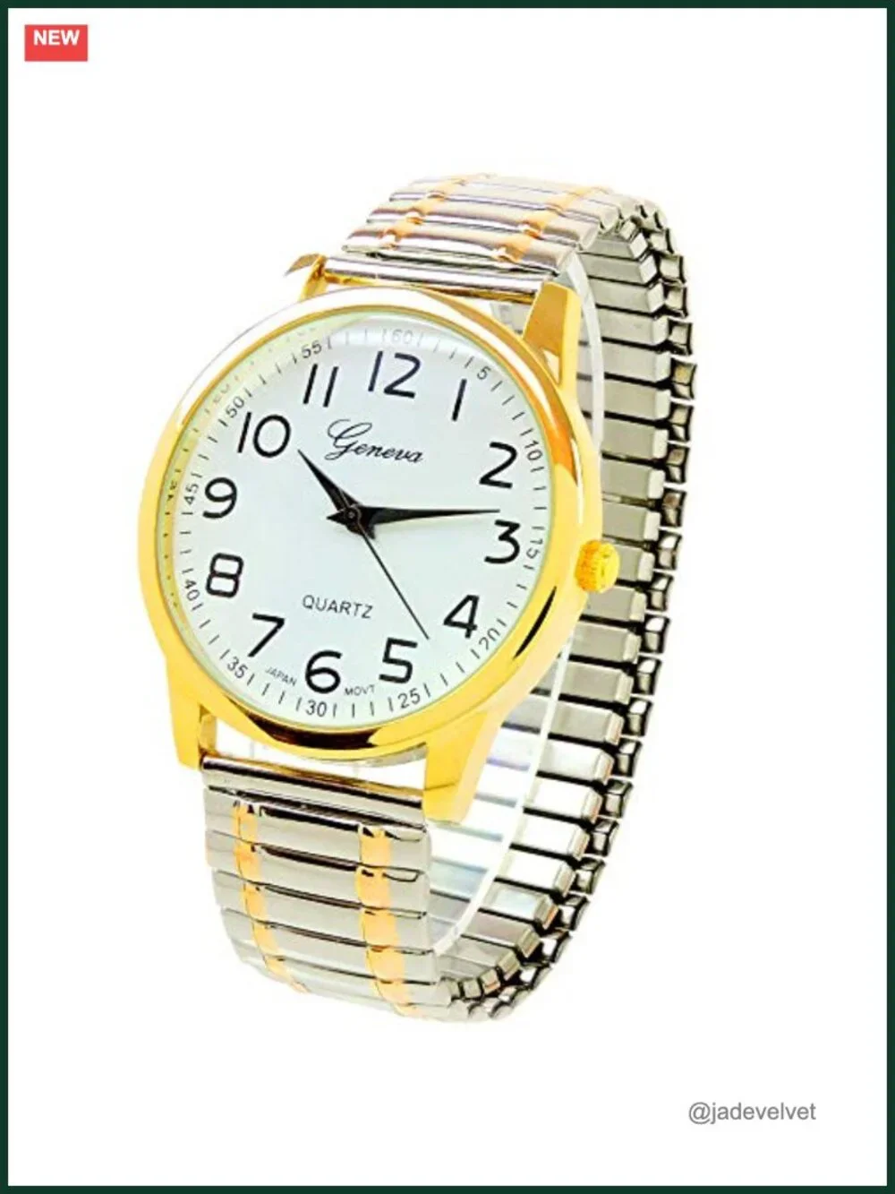 Two-Tone Stretch Band Watch Large Face Easy to Read Japanese Quartz
